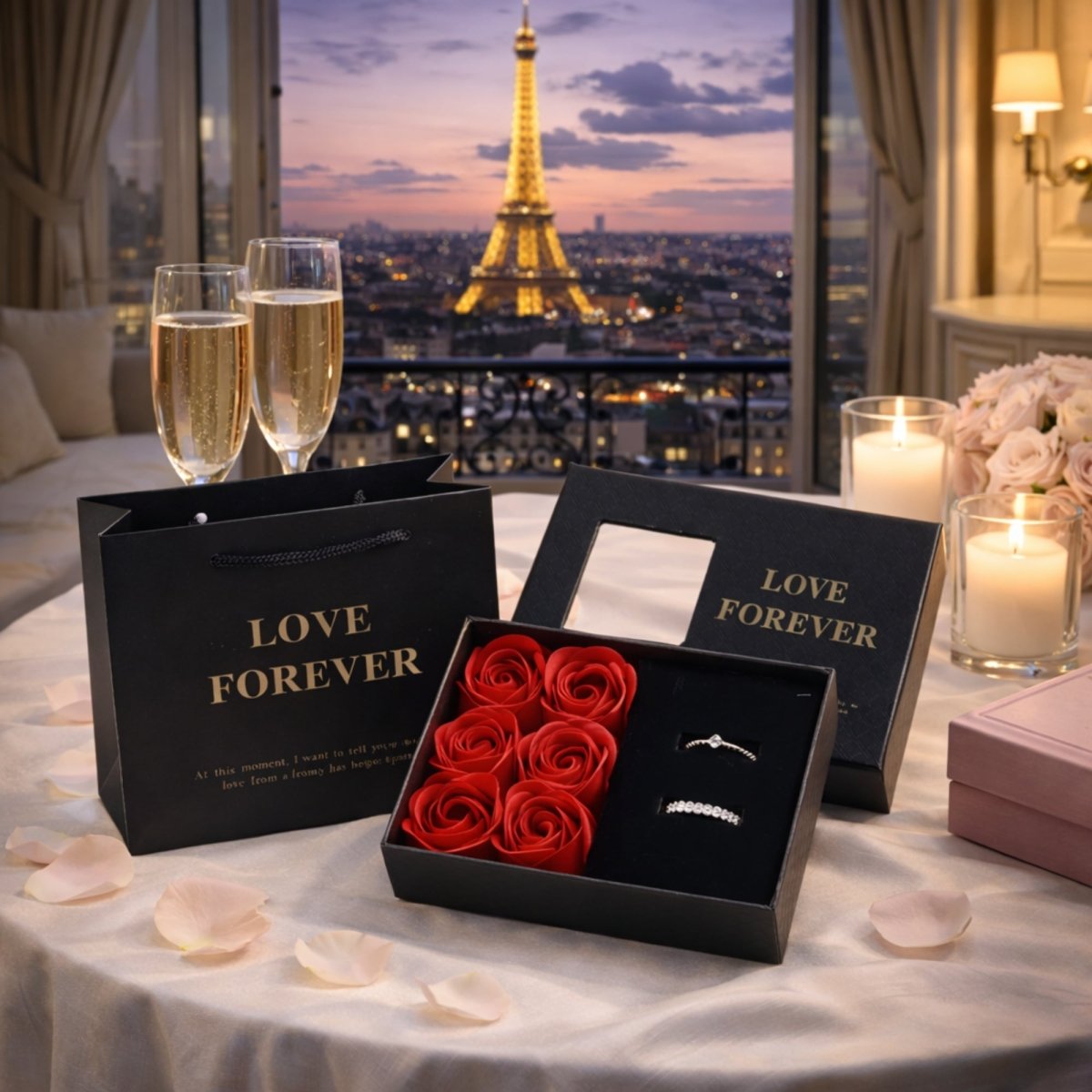 An exquisite black "Love Forever" gift set on a white tablecloth overlooking the Eiffel Tower in Paris, including a matching opened box containing six red preserved roses and two distinct diamond rings (one marquee, one eternity band), with champagne and candles.
