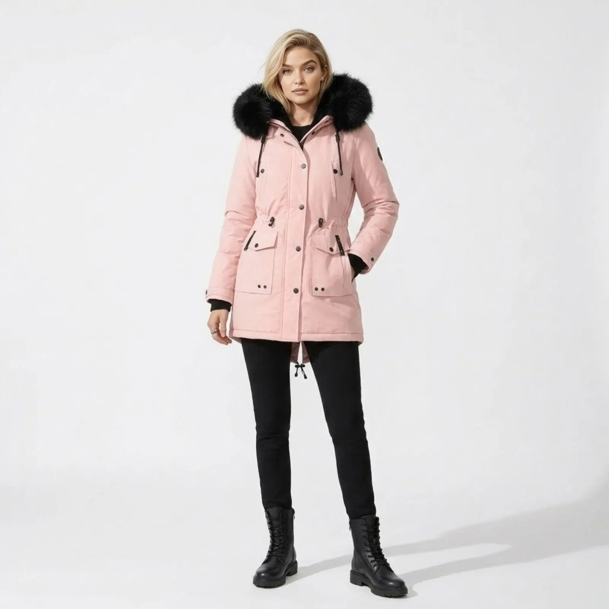 Woman wearing Kouvr blush pink winter parka with a black faux-fur hood, cinched waist, and black combat boots.