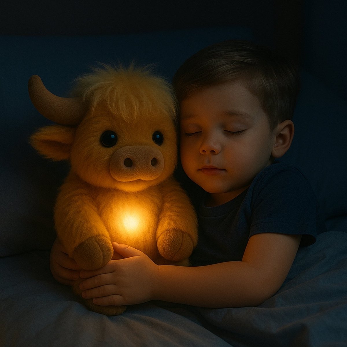 A young boy sleeping peacefully in a dark room while cuddling his Kouvr Highland Cow weighted sensory toy, which is softly lit.
