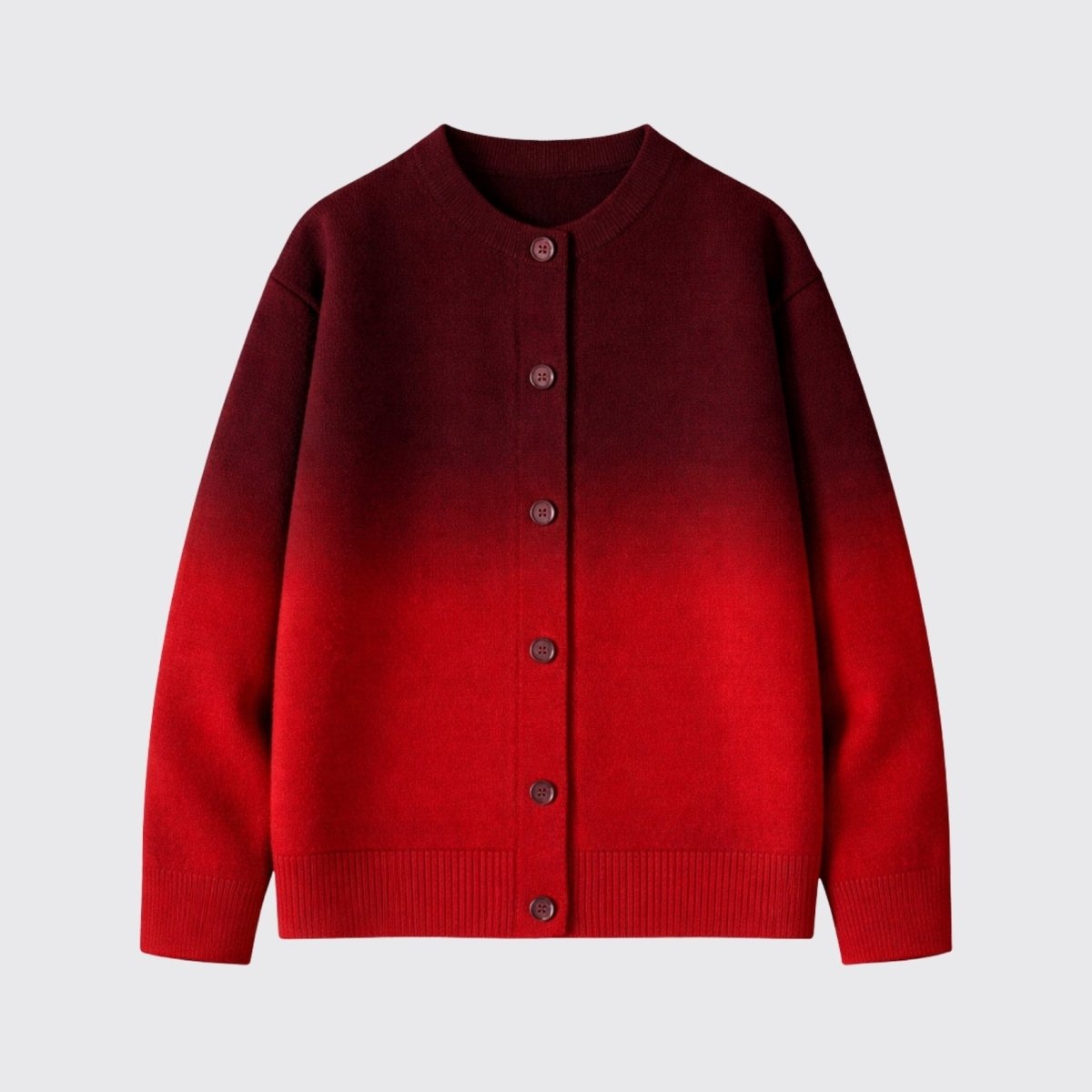Flat lay front view of men's affordable luxury burgundy and red gradient button up crew neck cardigan.