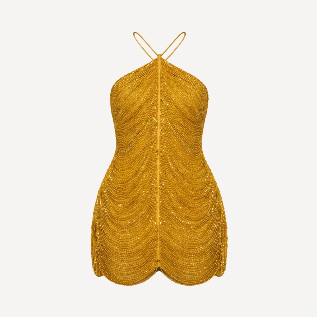 Flat lay product image of the front of the Carey gold beaded halter mini dress, showing beadwork detail.