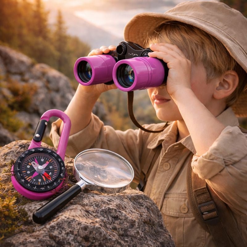 Young explorer using purple binoculars during a mountain hike, featuring matching purple navigation tools on a rock.