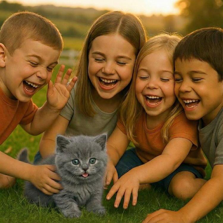 Four happy children laughing together while playing with the grey Kouvr robot kitten on the grass.
