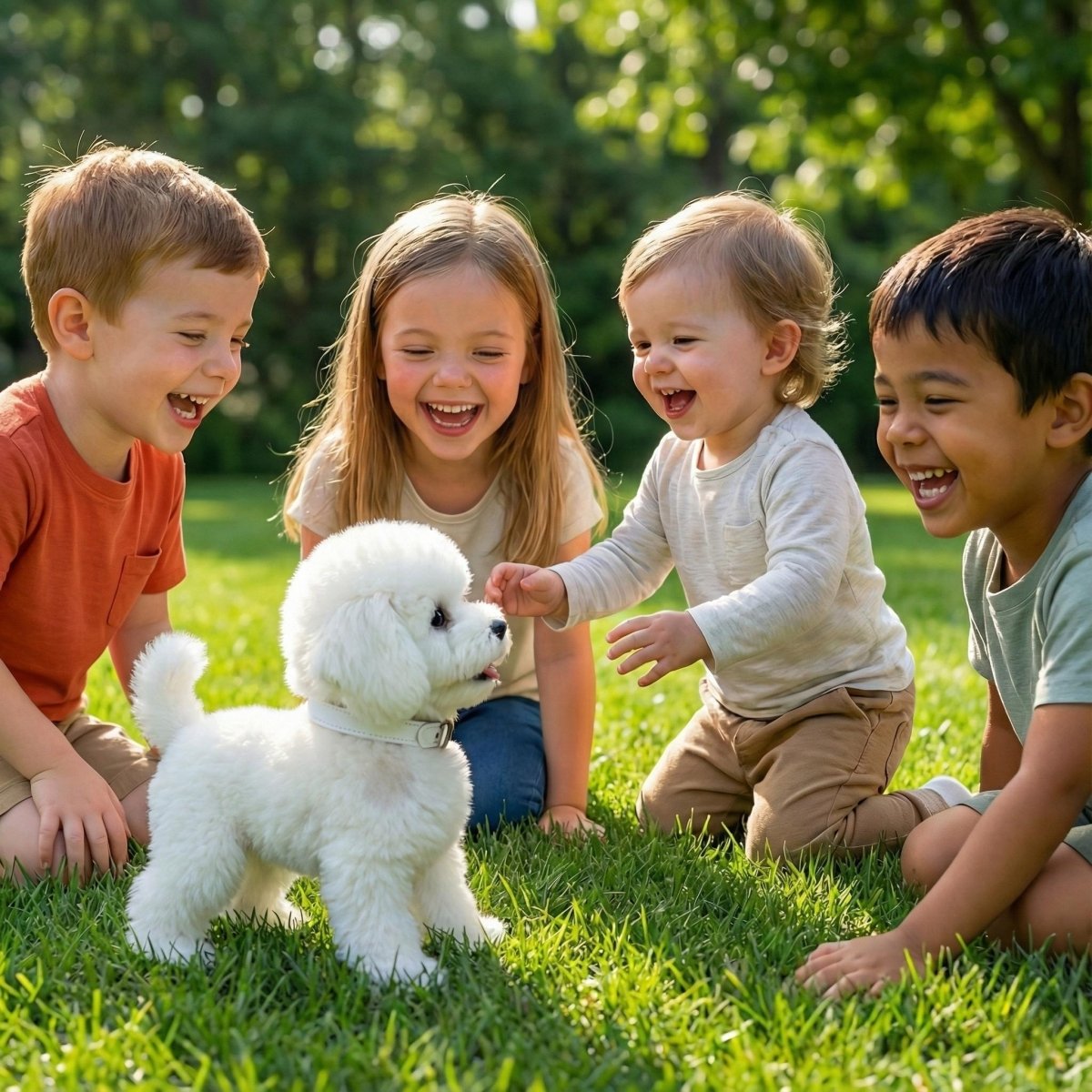A group of diverse young children laughing together as they play on the grass with the white Kouvr electronic pet puppy.