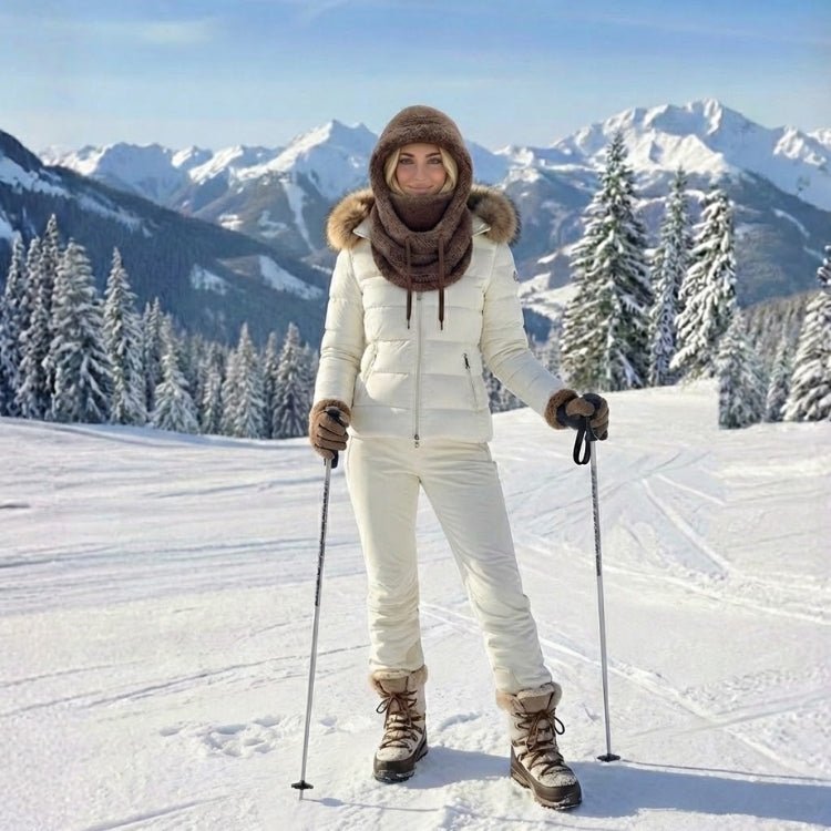 Woman smiling in a snowy landscape wearing a dark brown fleece balaclava hood and white ski gear.