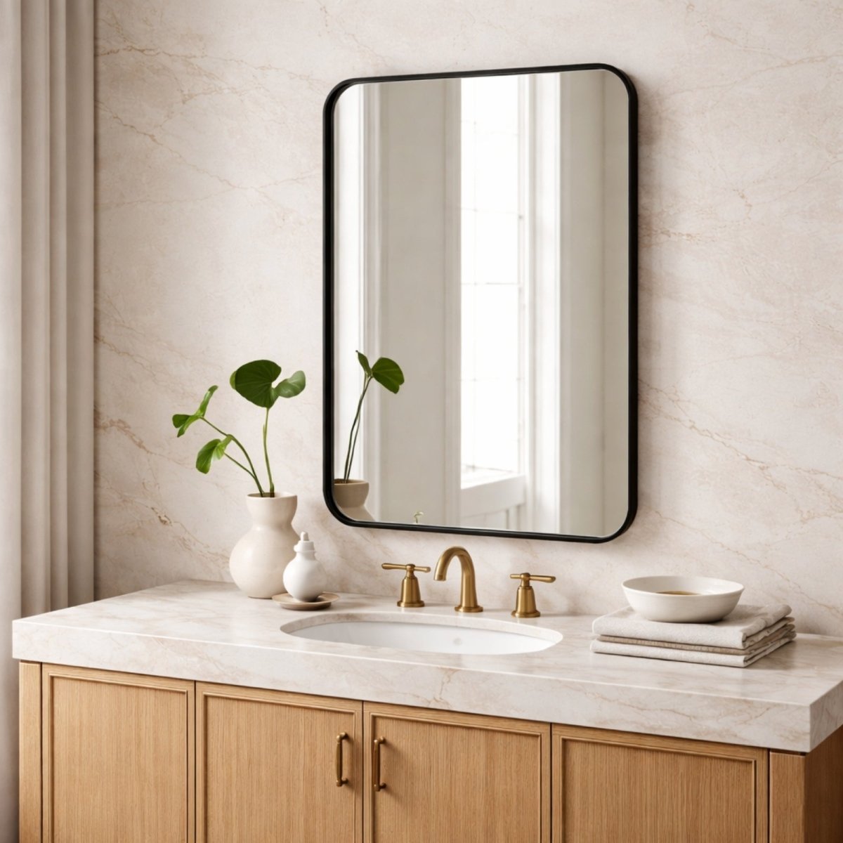 Close up side profile of 2-inch deep brushed black metal frame showing floating glass gap and high-quality construction.