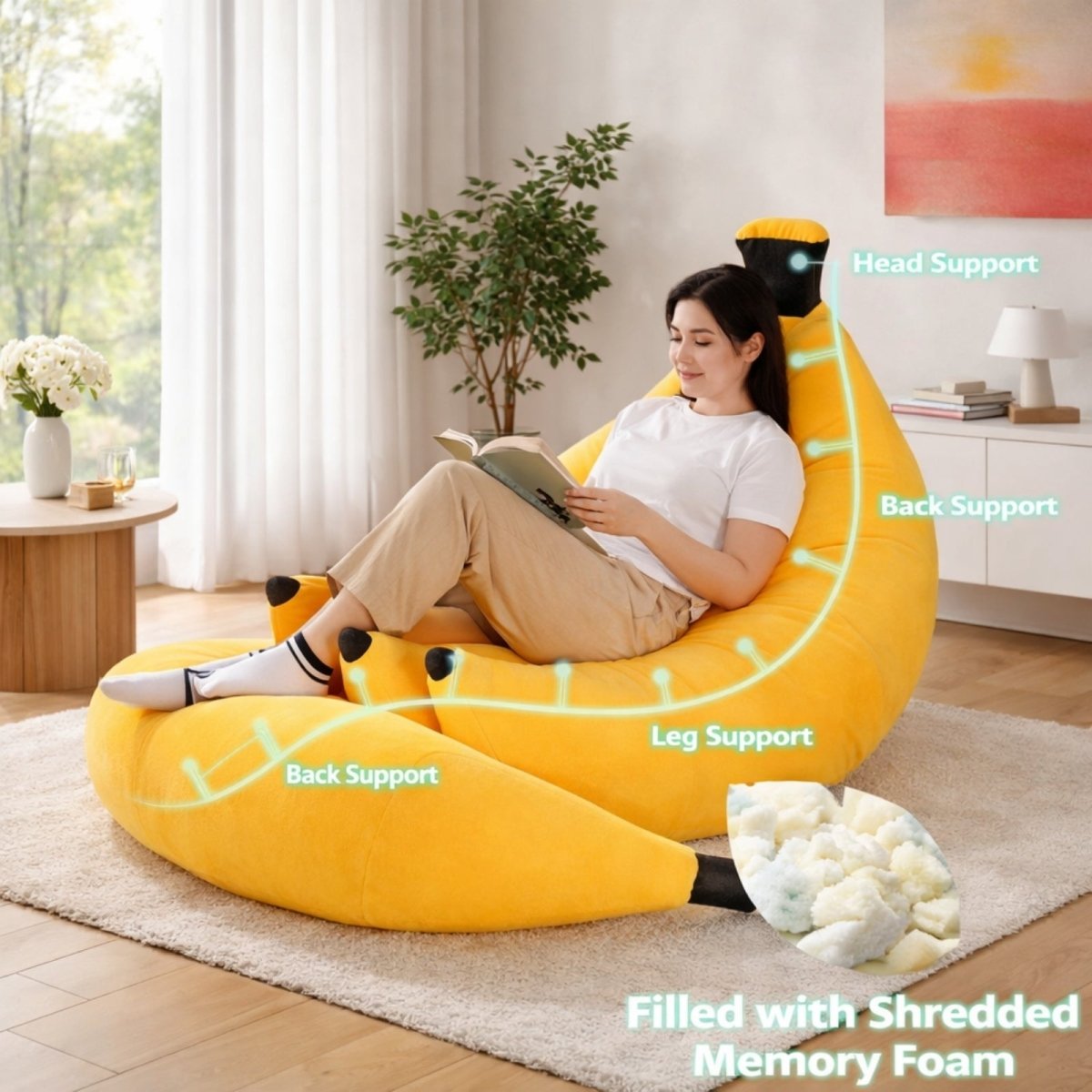 Infographic highlighting head support, back support, and leg support zones on the yellow banana memory foam lounger.

