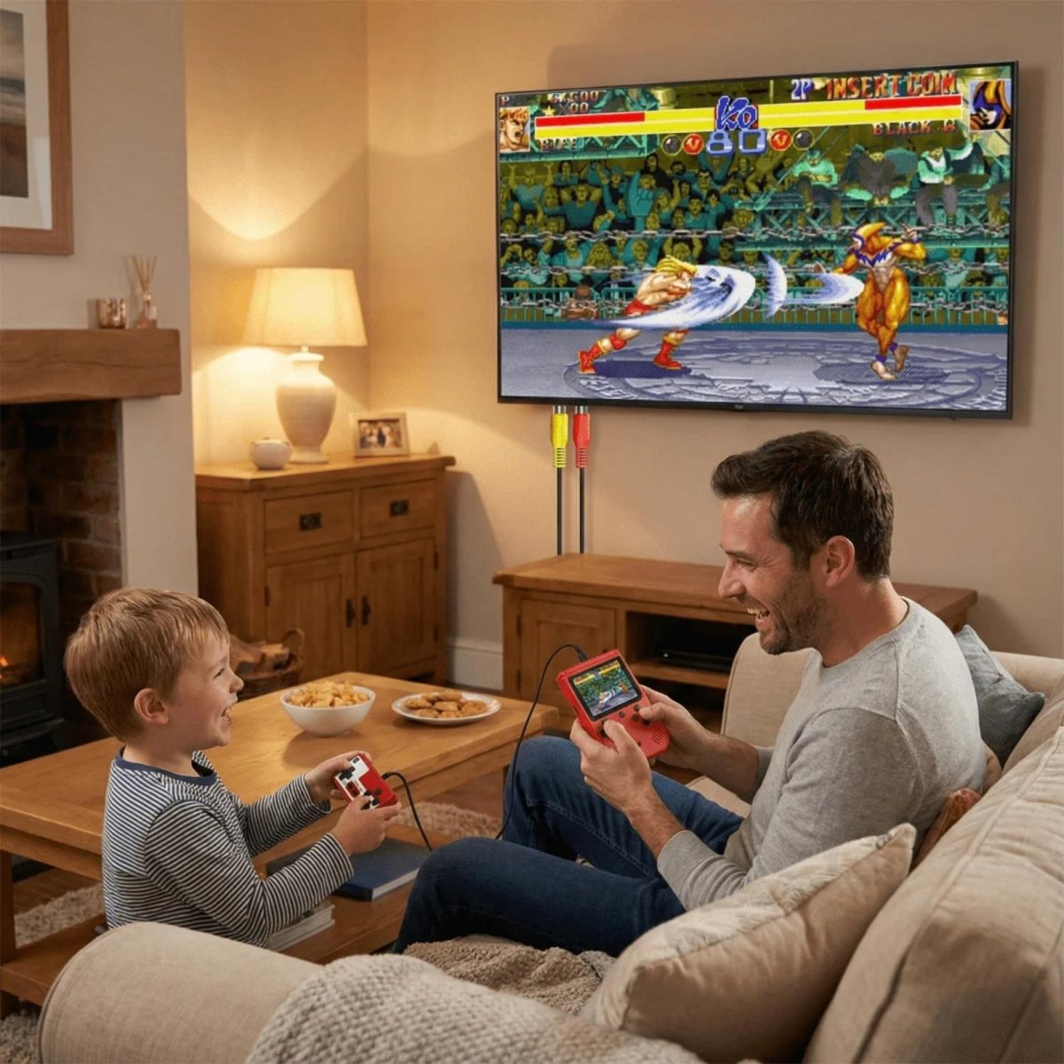 A father and son smiling and playing a video game together on the couch, using the red Kouvr handheld console connected to the TV.