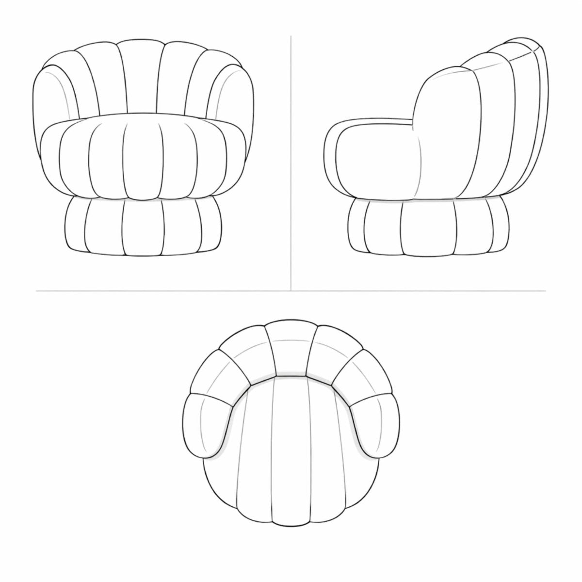 Technical line drawings showing the front, side, and top profile of the fluted velvet swivel chair.