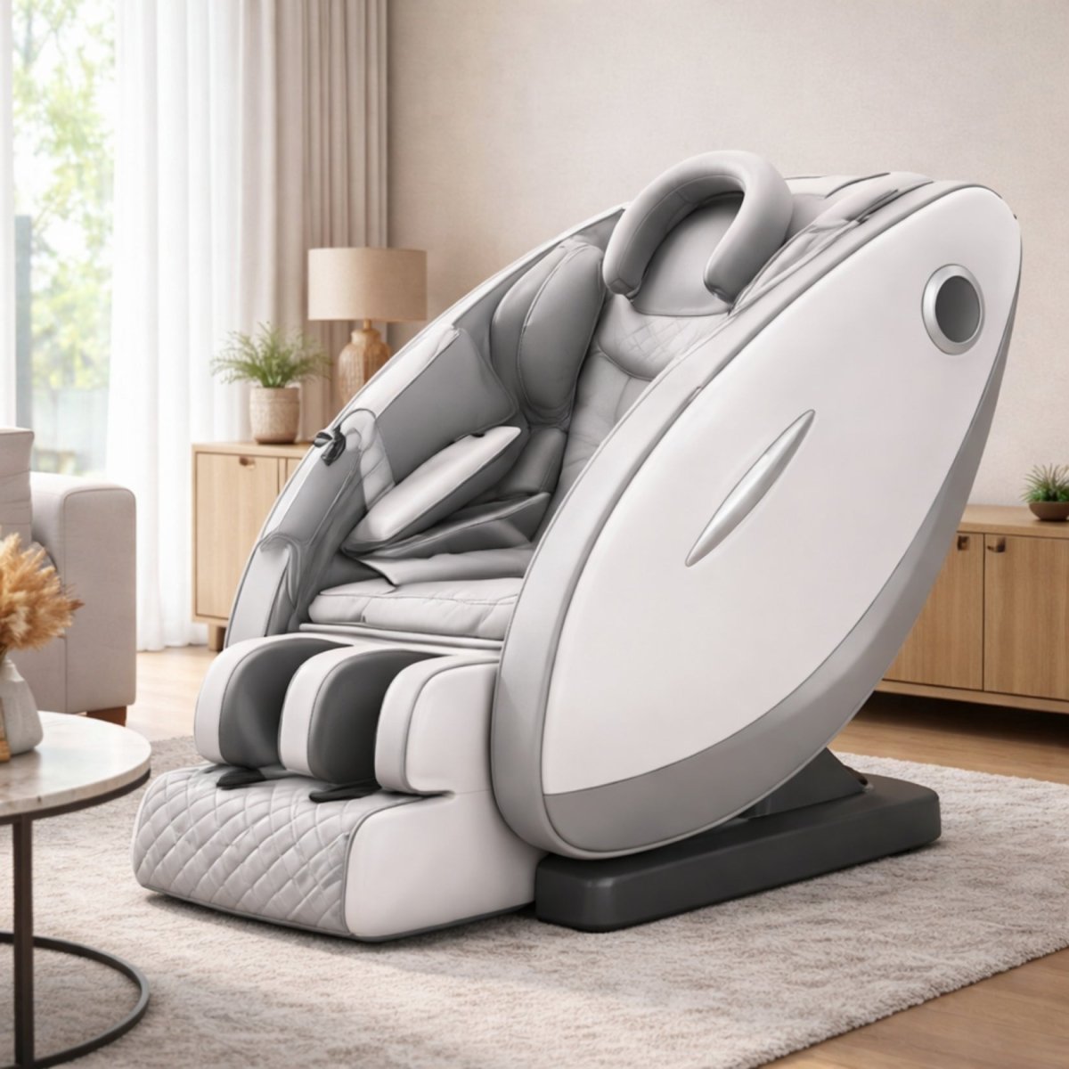 Side profile of the Kouvr modern shiatsu massage recliner showing its sleek, space-saving ergonomic design and premium upholstery.