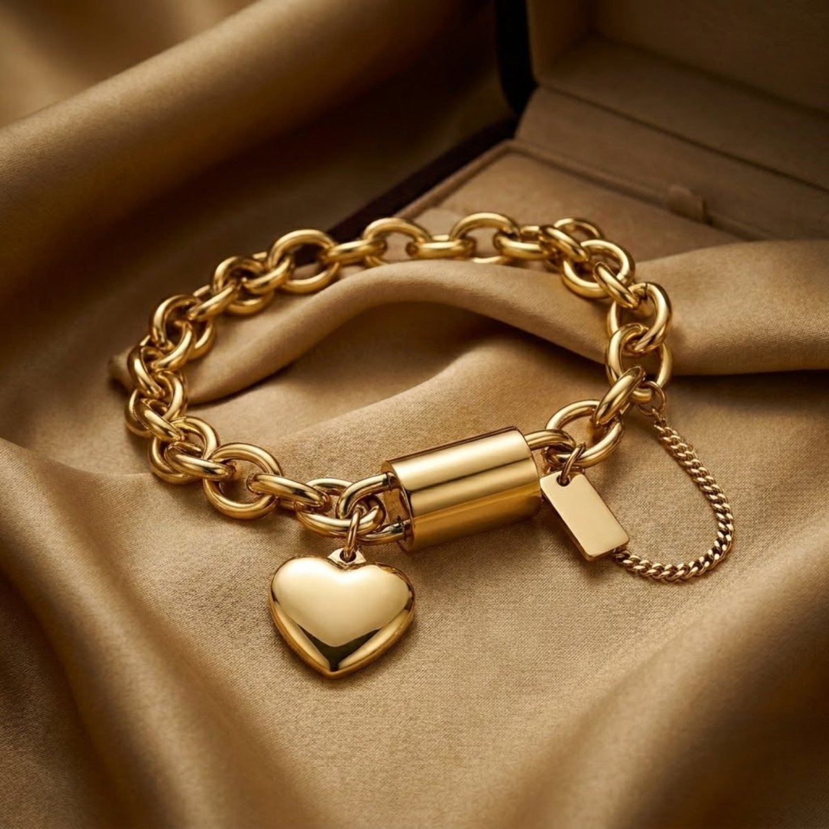 Detailed view of a gold chunky link bracelet featuring a polished heart charm and a blank engravable rectangular tag.