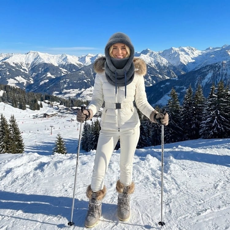 Woman wearing a grey plush balaclava hood and white ski suit standing on a sunny snowy mountain.