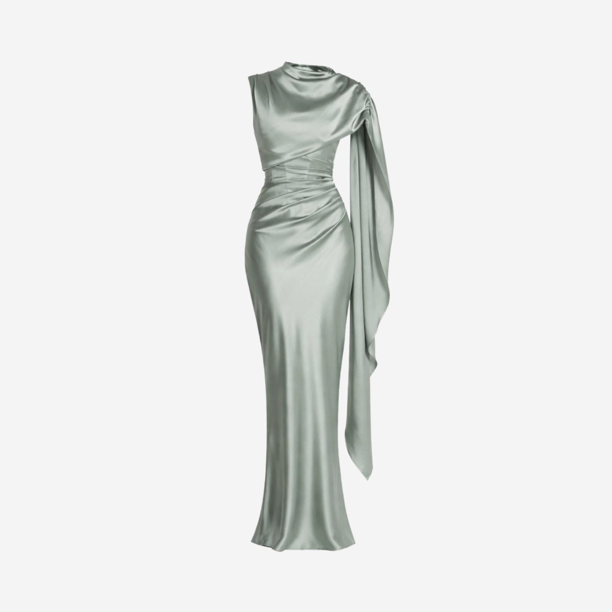 Ghost mannequin front view of the luxurious Kouvr sage green satin maxi gown detailing the draped bodice architecture.