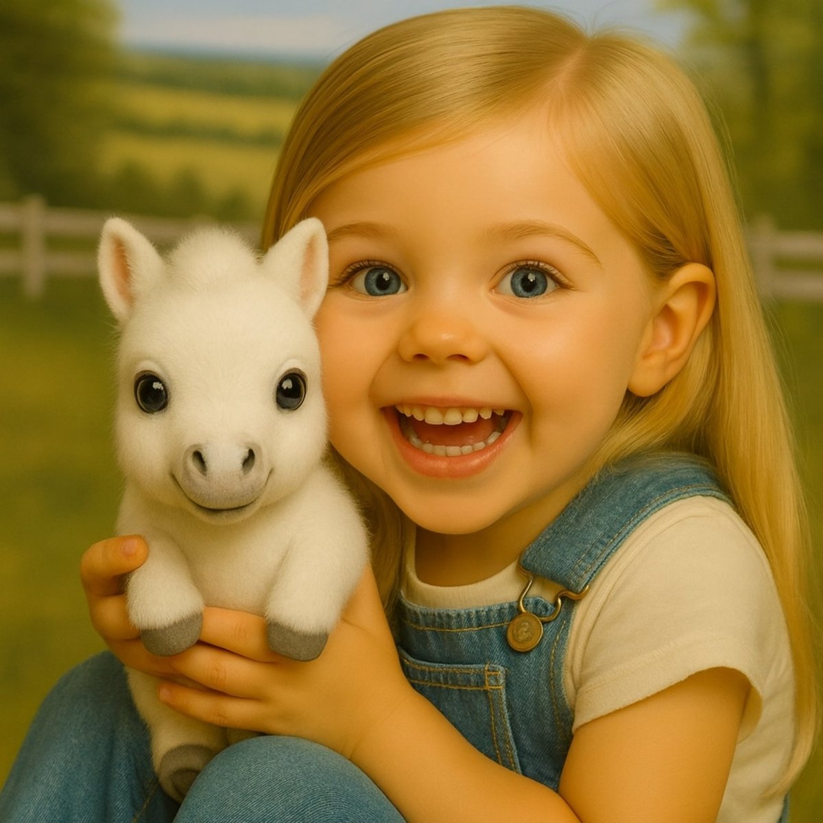 A smiling young girl with blonde hair and blue eyes happily hugging the small white Kouvr interactive pony plush toy.