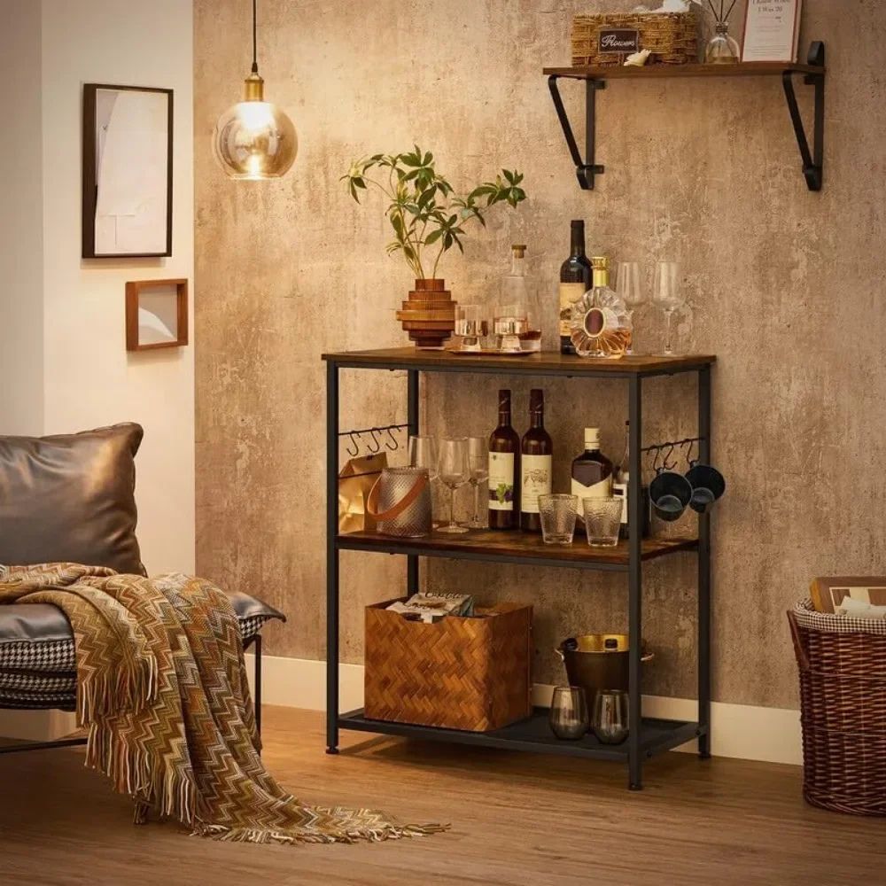 Rustic wood and metal baker's rack used as a printer stand in a home office