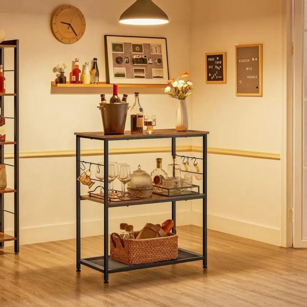 Rustic wood and metal baker's rack used as a printer stand in a home office