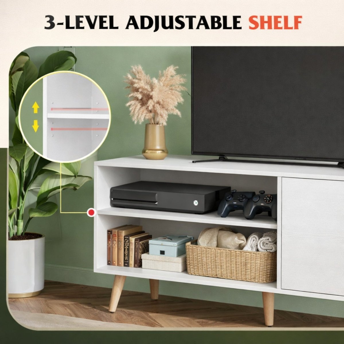 A detailed view of the Kouvr Aalto TV stand showing the 3-level adjustable shelf inside the open compartment, perfect for customizing storage for consoles and decor.