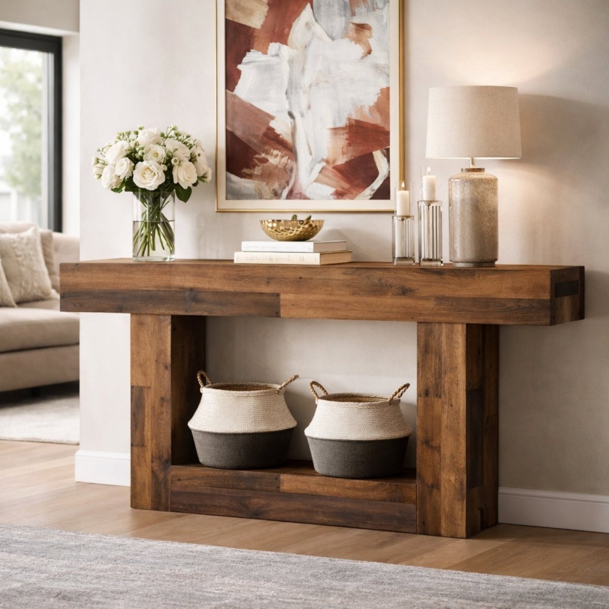 The Acropolis rustic wood console table with a dark finish, placed behind a sofa as a farmhouse-style accent table with woven storage baskets on the bottom shelf.