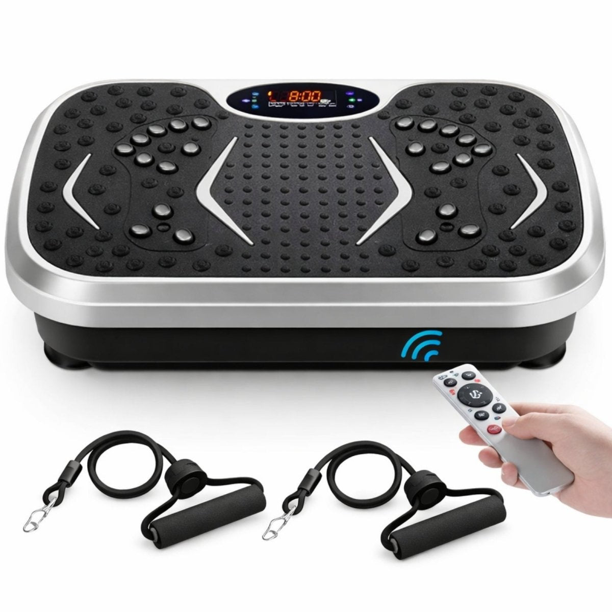 Top view of Kouvr vibration machine showing non-slip magnetic acupressure nodes and LED display panel with 99 speed settings.
