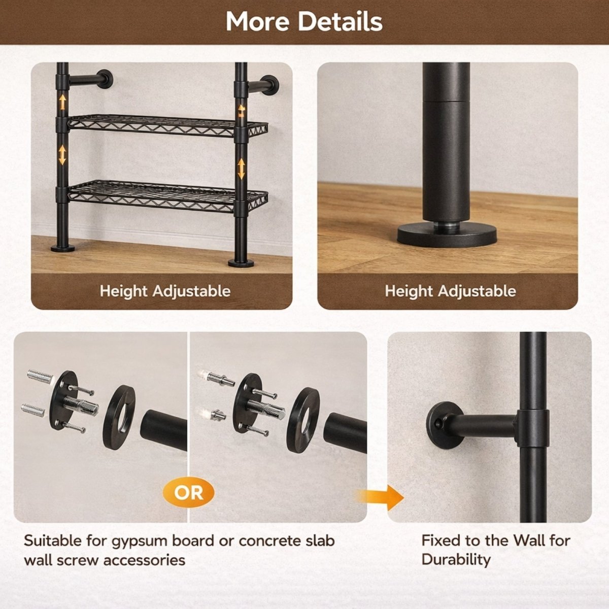 Detail shot of height adjustable floor feet and secure wall mounting flanges ensuring stability for the industrial closet system on any floor type.