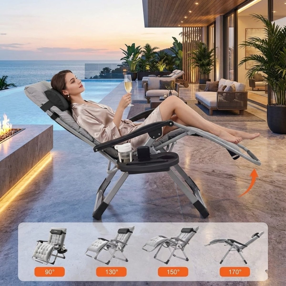 Padded Zero Gravity Chair Outdoor Recliner w/ Pillow & Cup