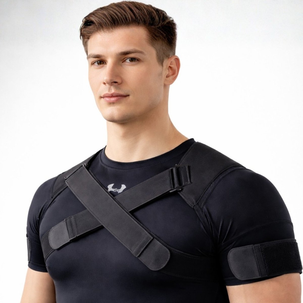 Man facing forward wearing the black Kouvr dual shoulder brace over a compression shirt, highlighting the chest and bicep adjustment straps.