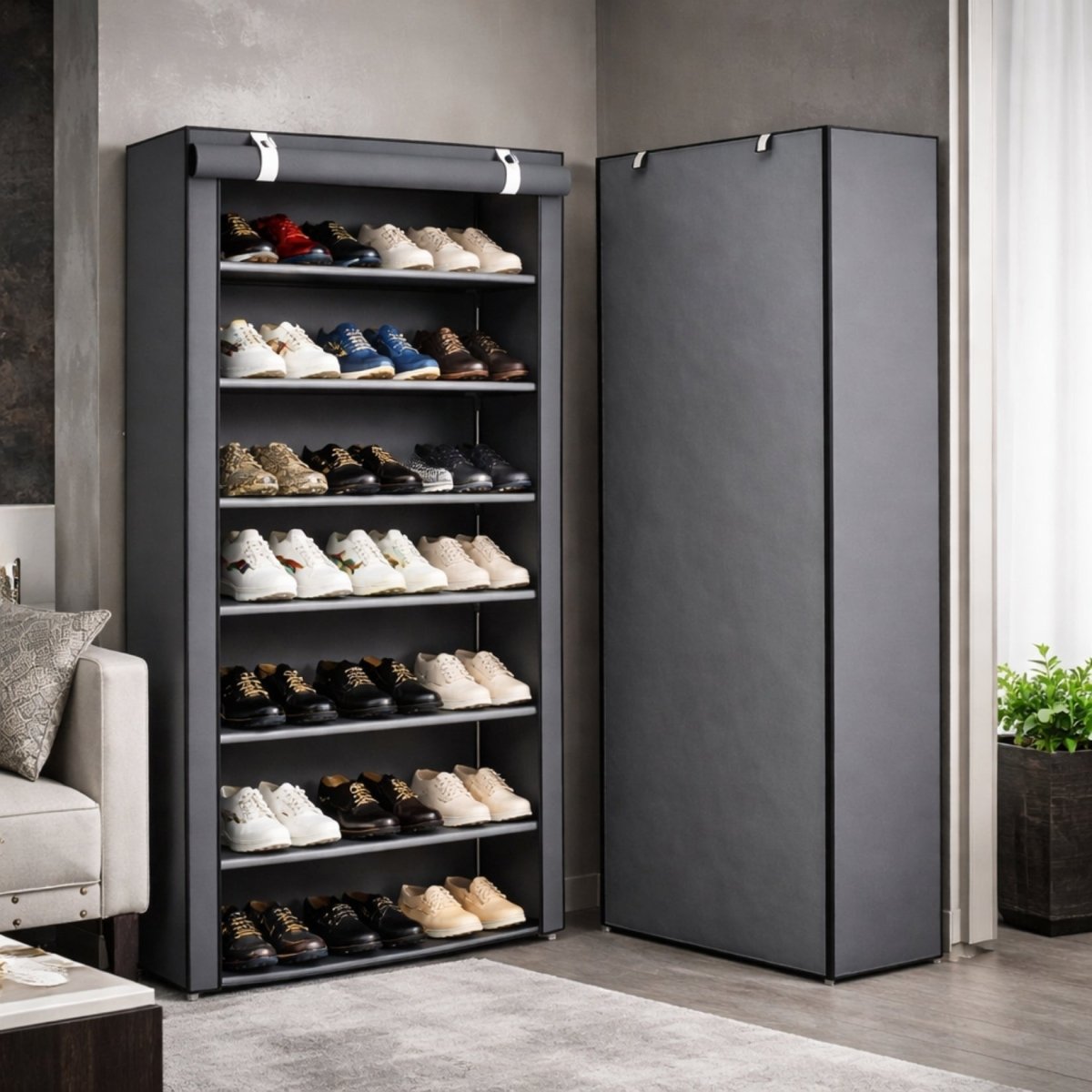 Side by side comparison of the Kouvr Aera freestanding shoe cabinet showing the sleek dust-proof cover rolled down for concealment and rolled up for access.
