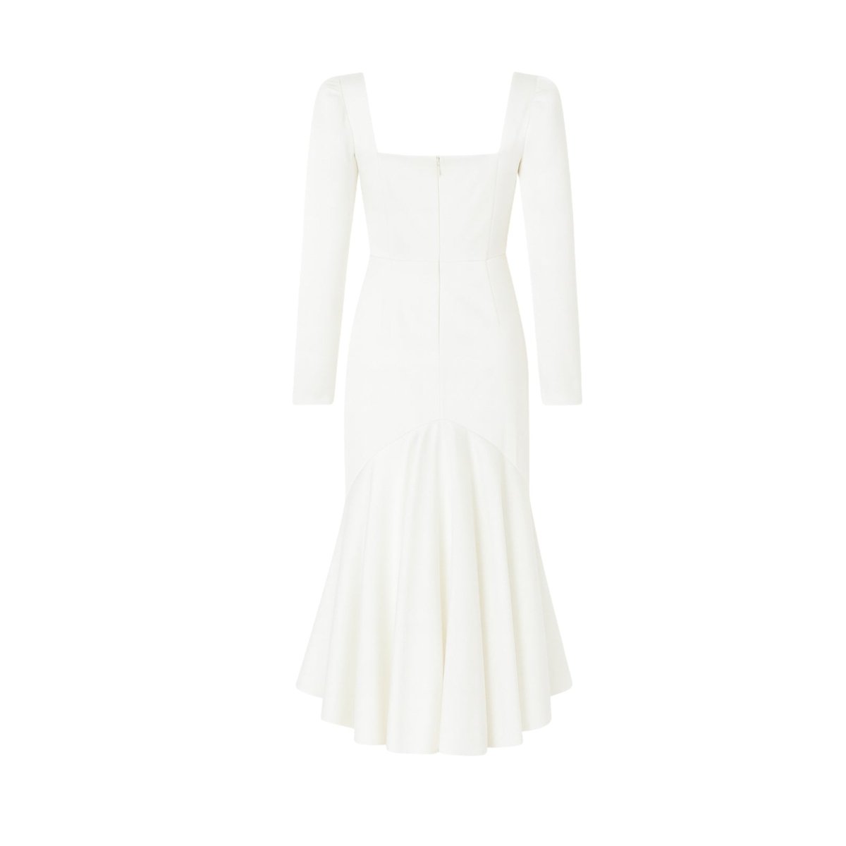 Alyssa long sleeve dress, highlighting the sculptural fit, ruched hip detail, and elegant silhouette.