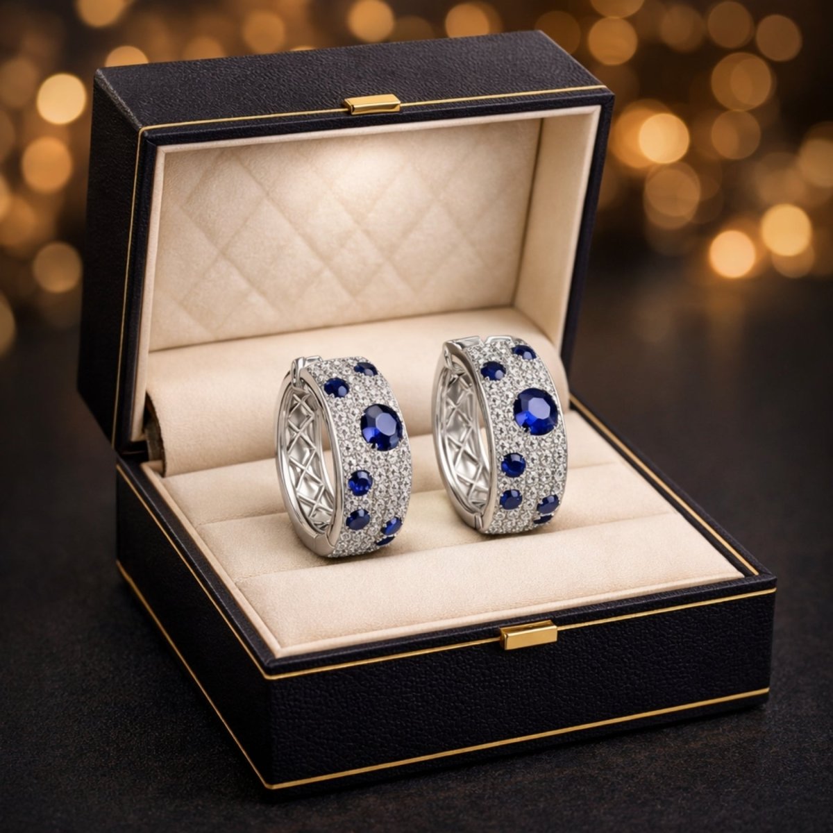 The Kouvr Amaris diamond and sapphire hoop earrings beautifully displayed in an open gift box with a warm, festive bokeh background.
