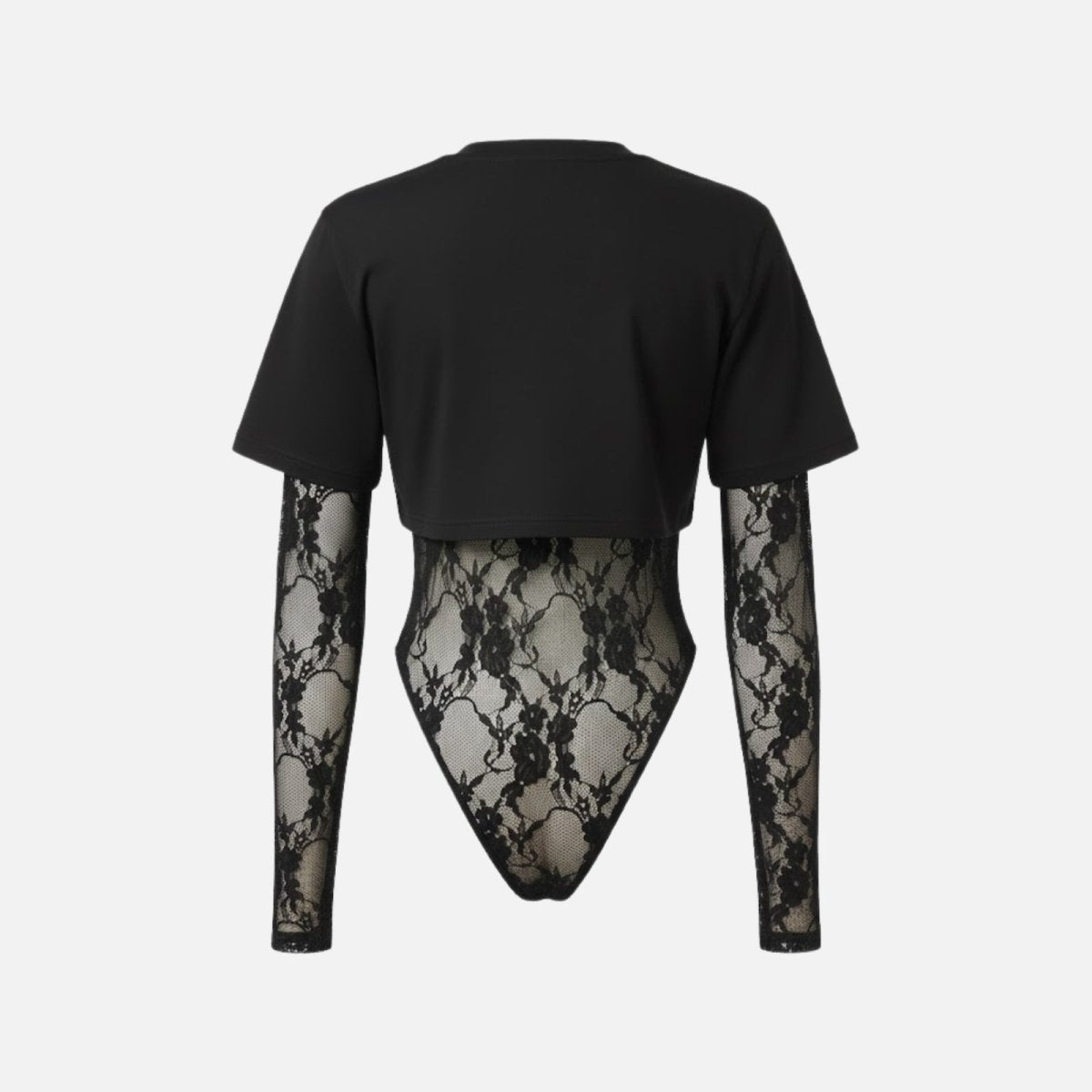 Flat product shot of the Kouvr Fashion Angelique layered lace and t-shirt bodysuit in black, back view on a white background.