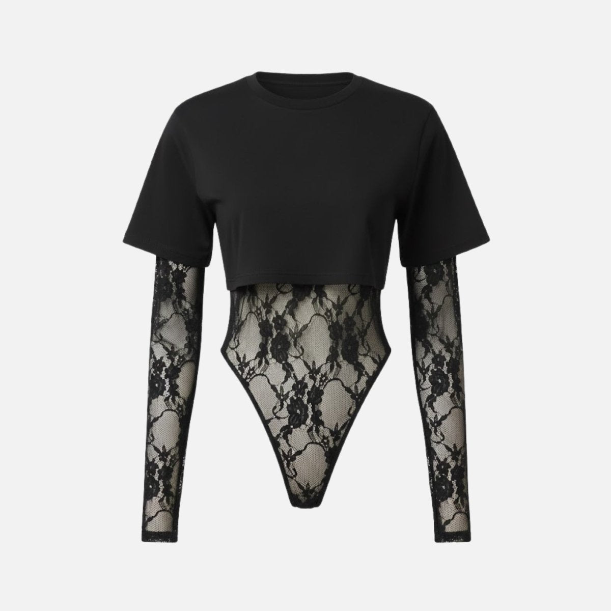 Flat product shot of the Kouvr Fashion Angelique layered lace and t-shirt bodysuit in black, front view on a white background.