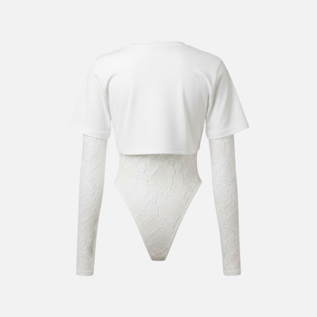 Back view of the Kouvr Angelique bodysuit laid flat, detailing the crewneck t-shirt overlay and the sheer lace body.