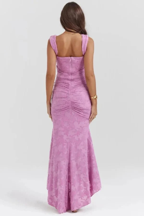 Model wearing Kouvr Arabella pink floral jacquard corset mermaid gown
