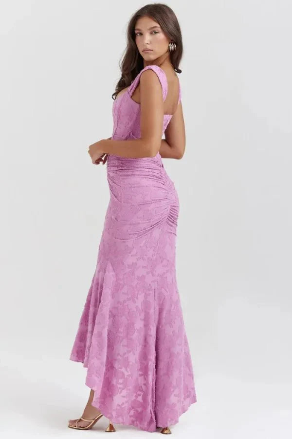 Model wearing Kouvr Arabella pink floral jacquard corset mermaid gown
