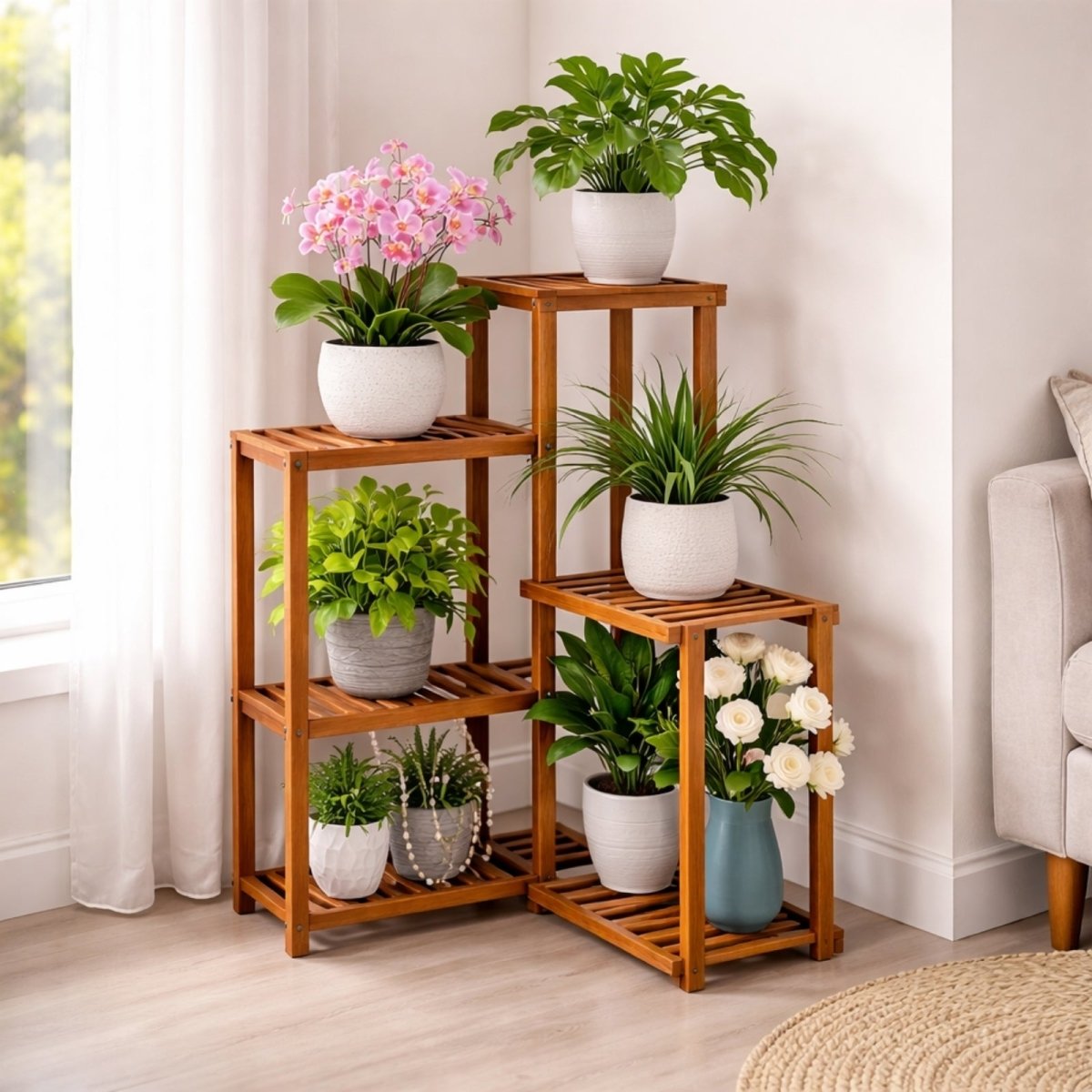 Kouvr wooden corner plant stand featuring 6 tiers of indoor plants, placed against a white wall in a sunlit living room with luxury decor.