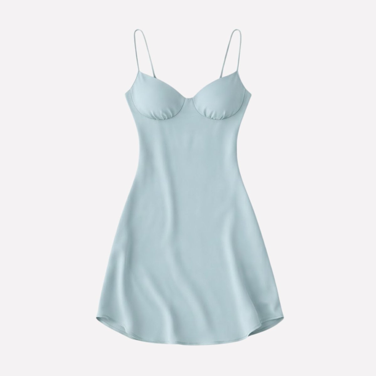 Flatlay photo of the front of the Kouvr Ariadne light blue satin slip dress, displaying the structured bustier cups and sweetheart neckline.