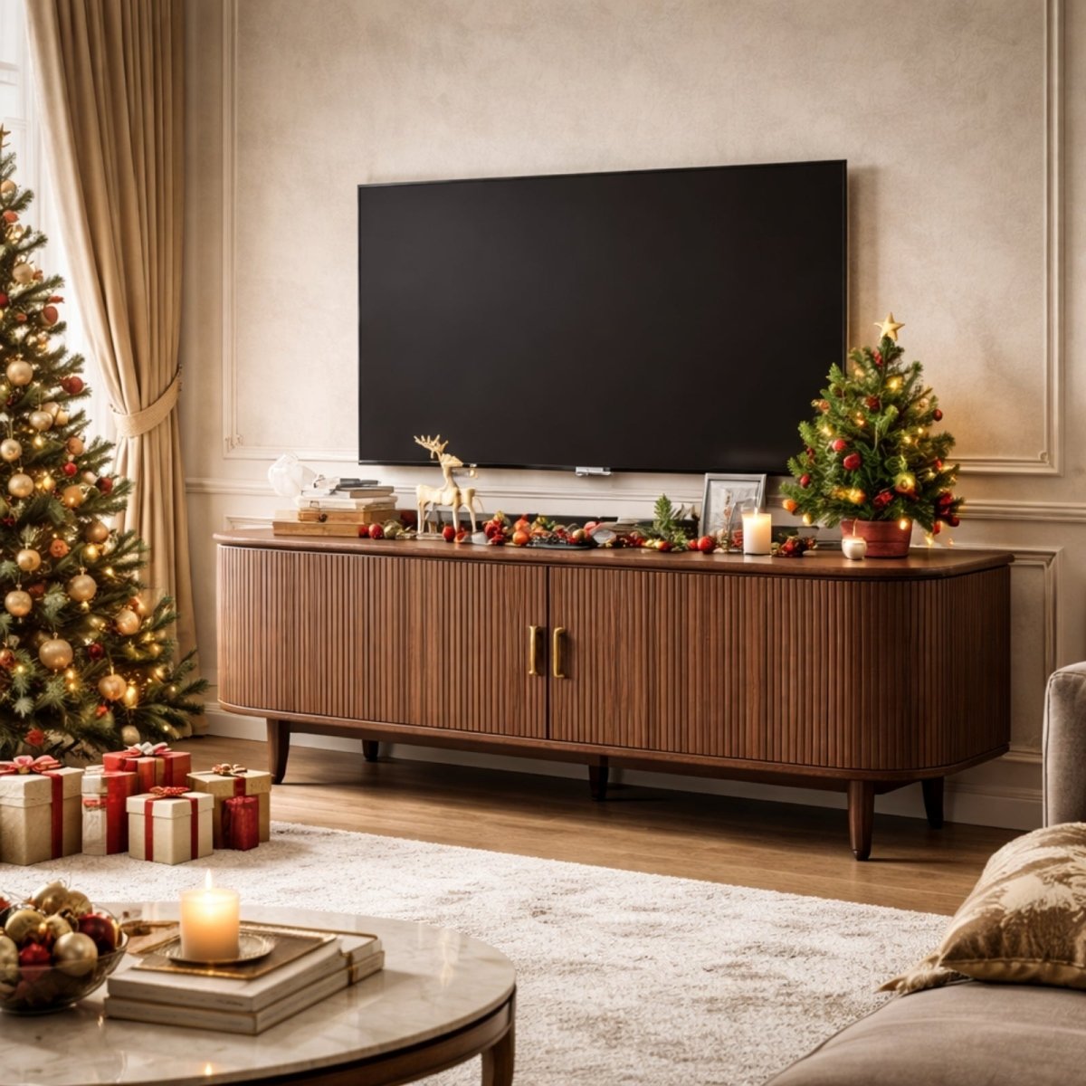 The black finish version of the Arista fluted TV stand, shown in a dark, luxurious room with media components on the shelf.