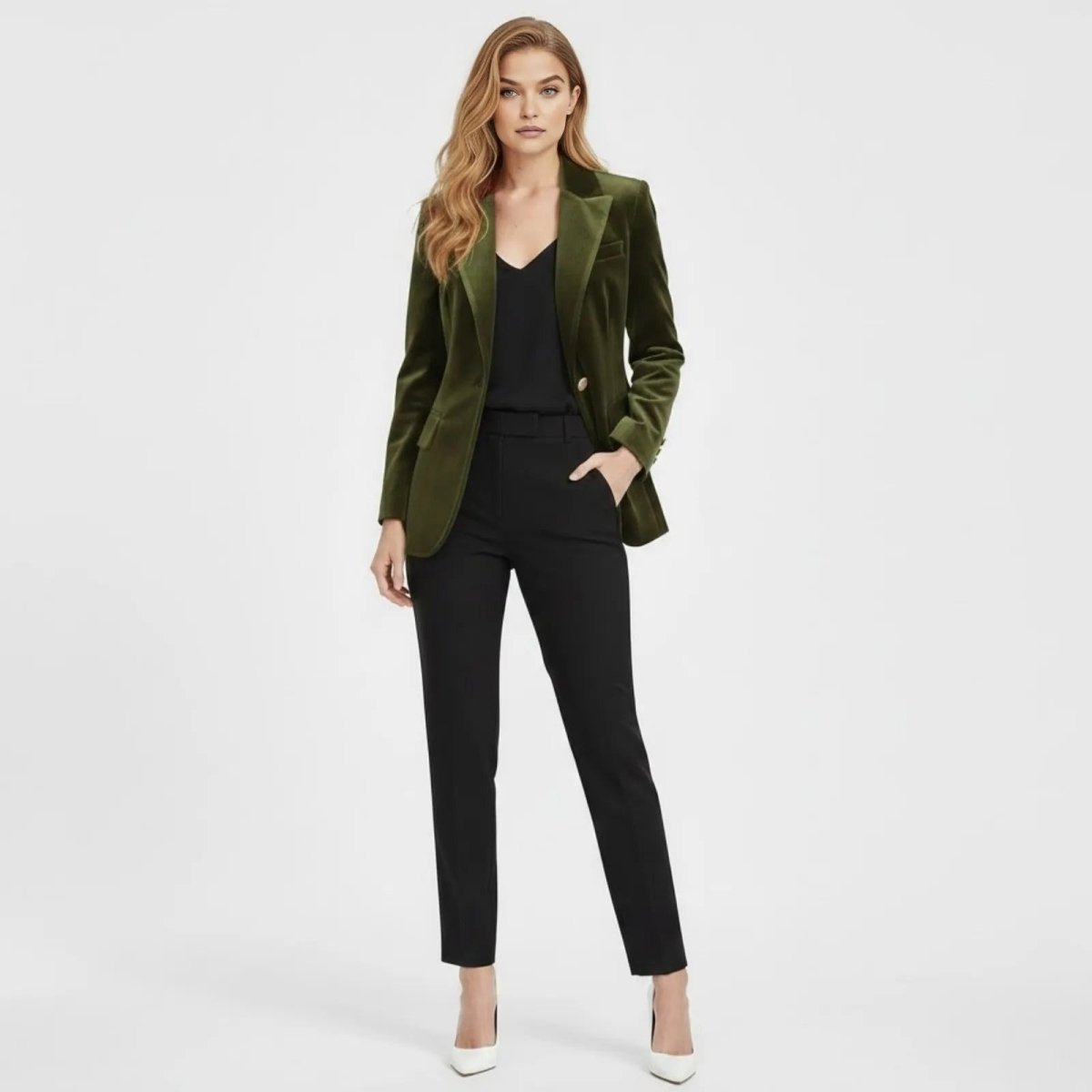  Model wearing the Kouvr women's army green velvet blazer with black trousers, showing the single gold button closure and tailored fit.