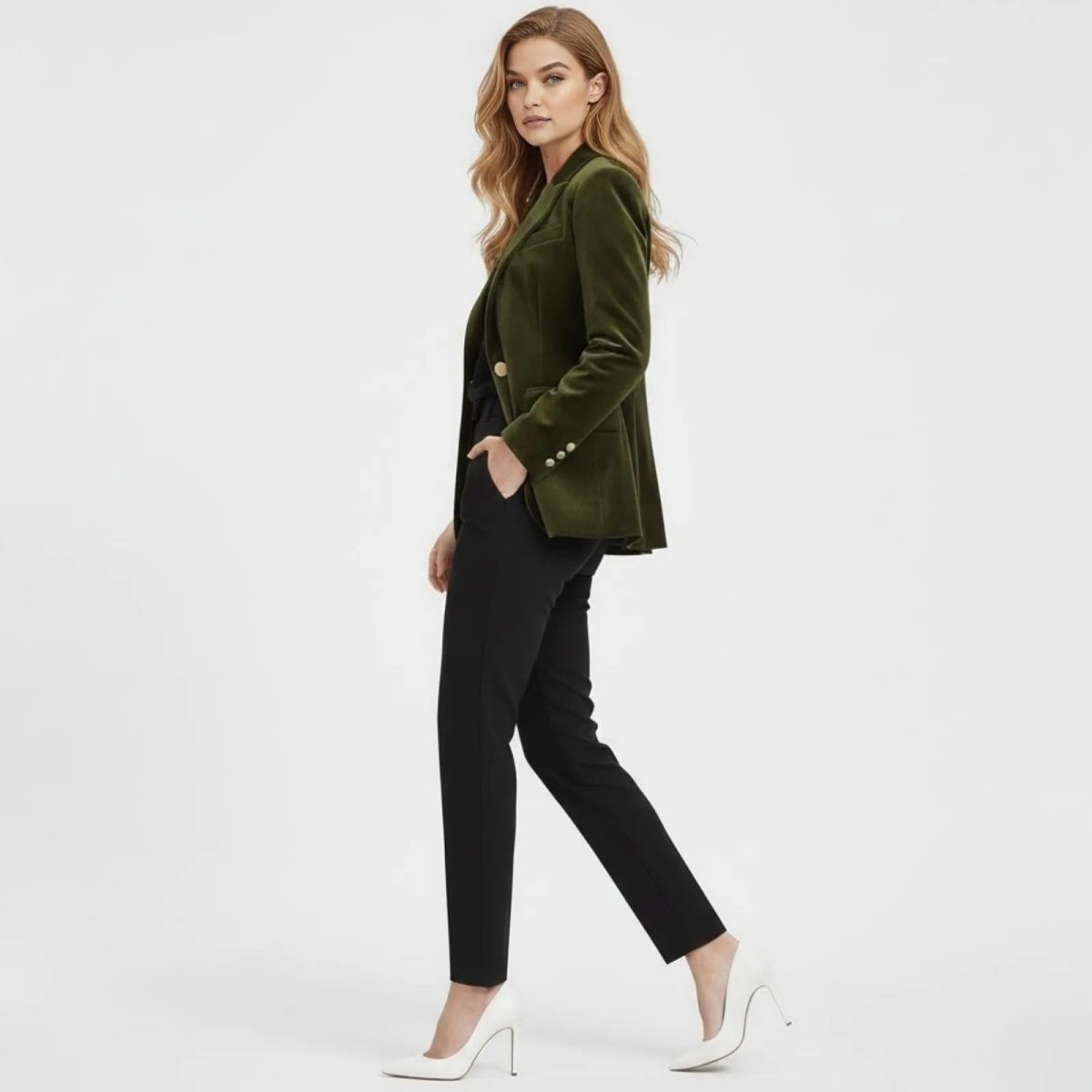 Side view of a woman walking in a tailored green velvet jacket with gold cuff buttons, demonstrating its structure and length.

