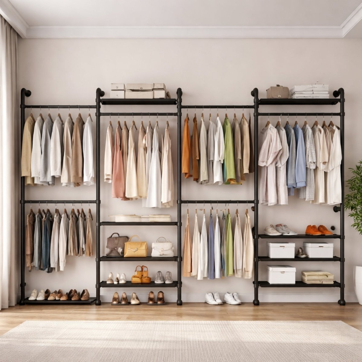 Black industrial pipe clothing rack wall mounted in horizontal straight layout with 950lb weight capacity holding beige and neutral clothing.