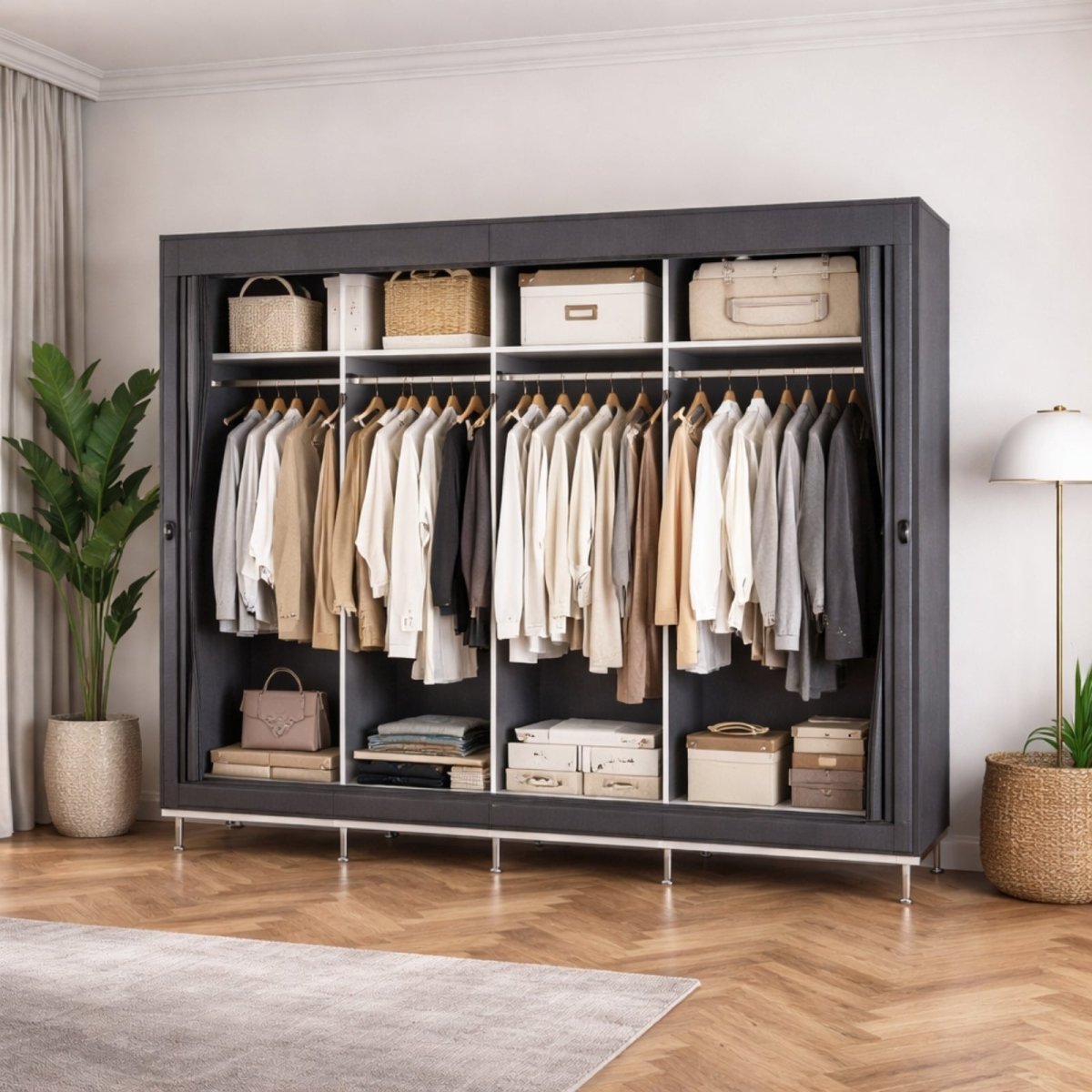 Large grey portable wardrobe closet open showing organized hanging clothes, suits, and storage boxes on shelves with galvanized steel frame visible. 