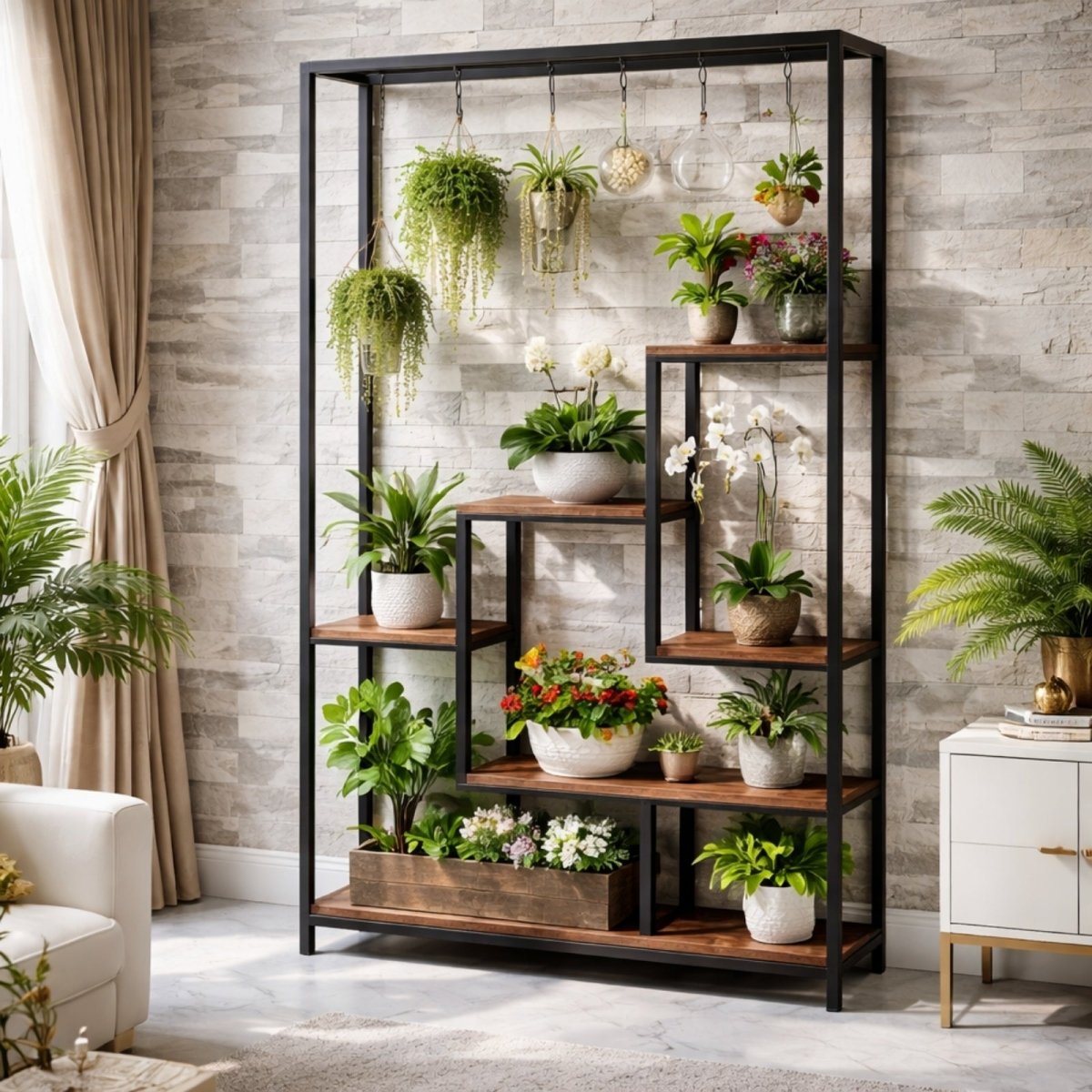 Kouvr Atrium industrial etagere used as a plant display and room divider in a bright living room with a stone accent wall. 