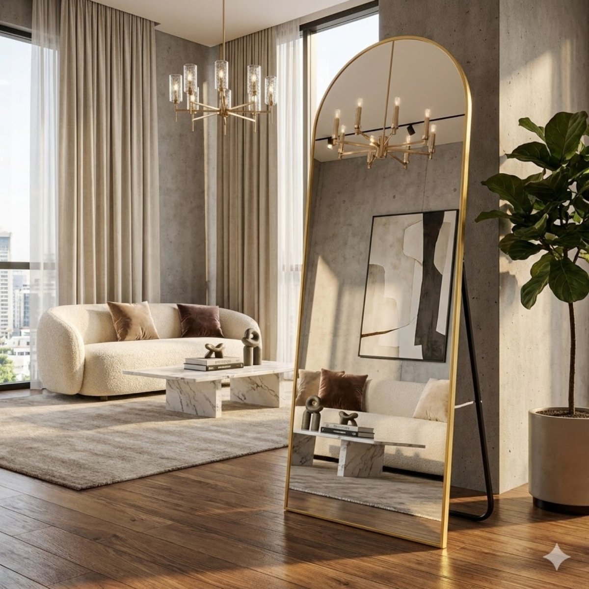 The gold arched floor mirror shown with its black standing bracket deployed on a dark wood floor in a contemporary loft with concrete walls.
