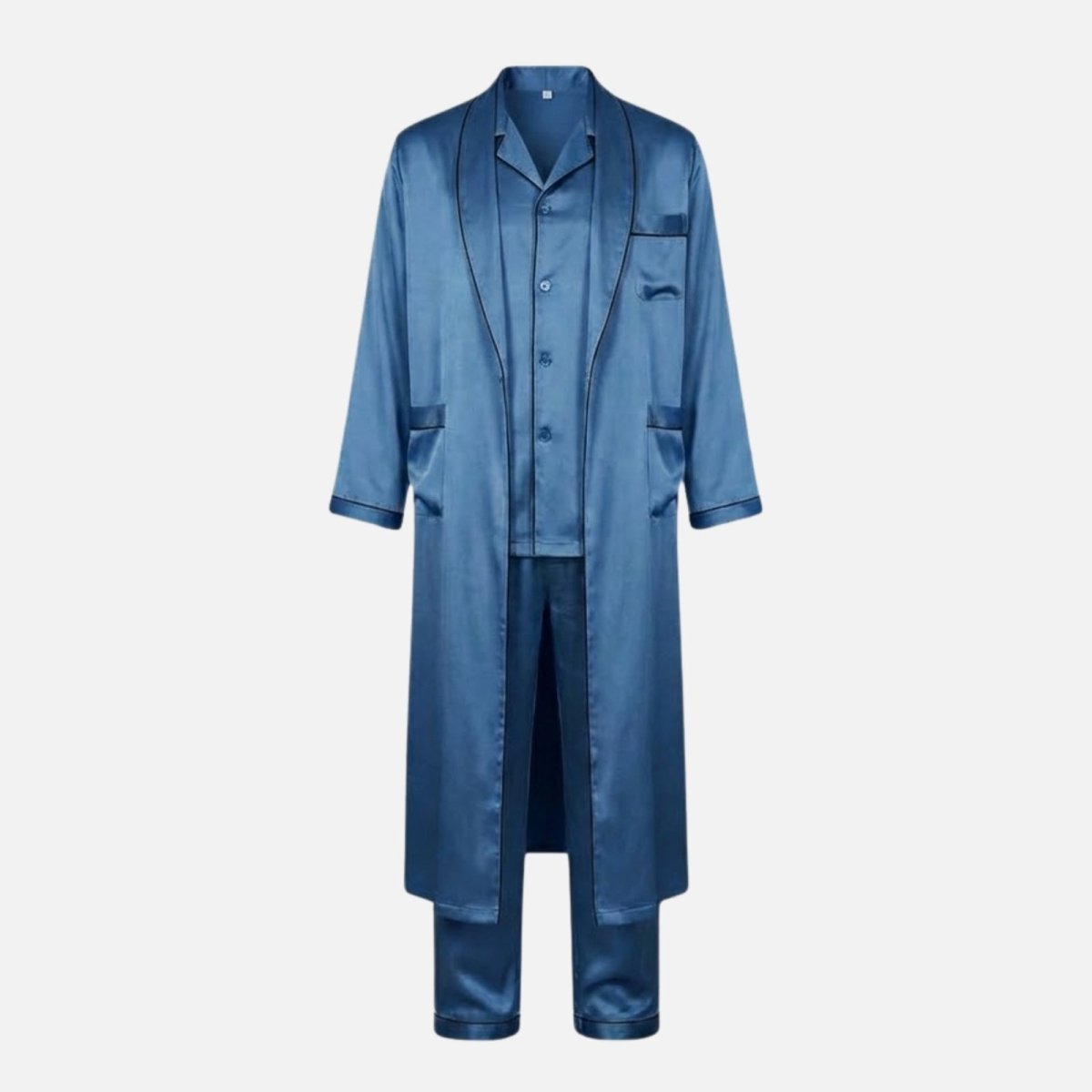 Flatlay of the Kouvr three-piece men's azure blue satin sleepwear set showing the robe, shirt, and pants.