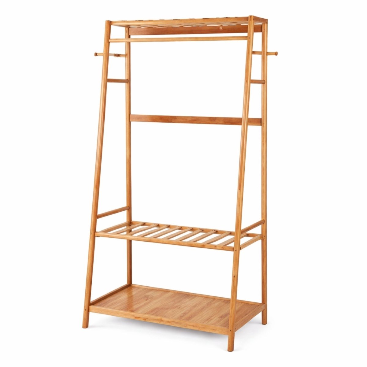 A studio shot of the Kouvr A-frame bamboo garment rack with a top hanging rail, three shelves, and side hooks, shown against a clean white background.
