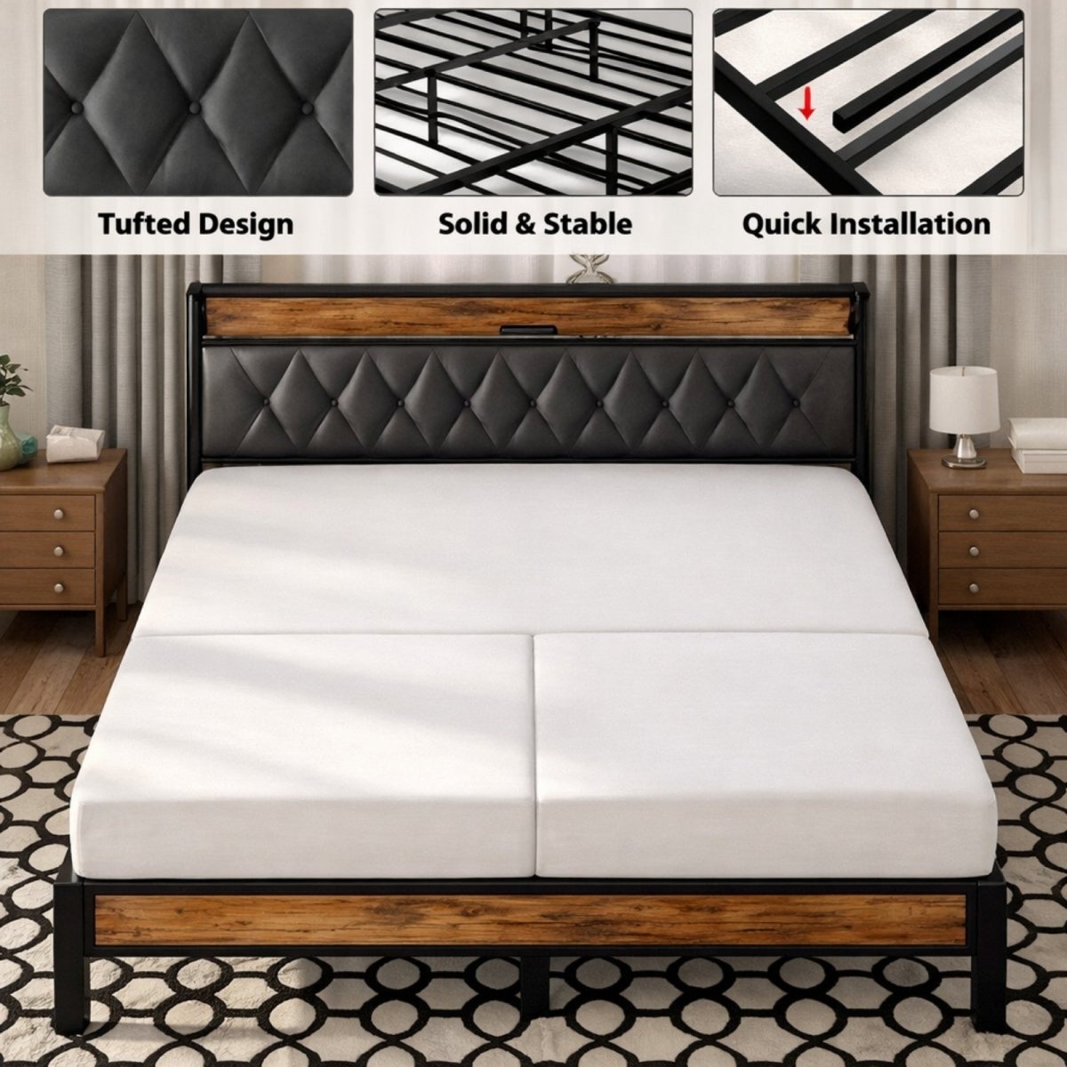 Feature highlights of the Kouvr bed frame, including the tufted headboard design, solid and stable steel frame, and quick installation process.
