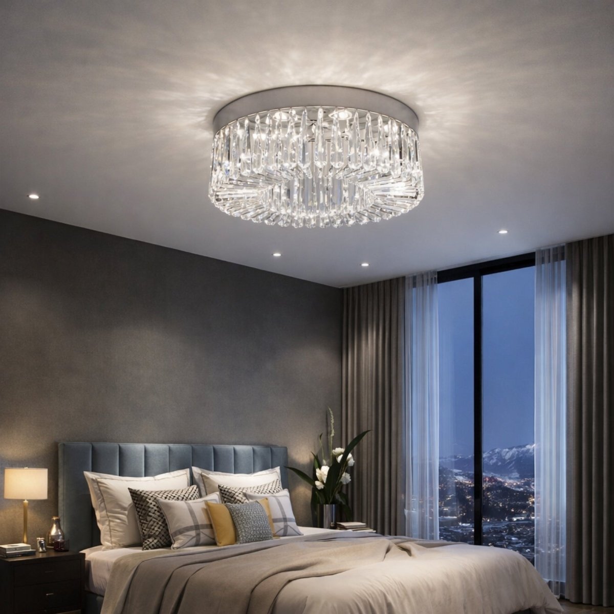 Romantic bedroom lighting featuring a round crystal flush mount fixture casting a sunburst light pattern on the ceiling.
 