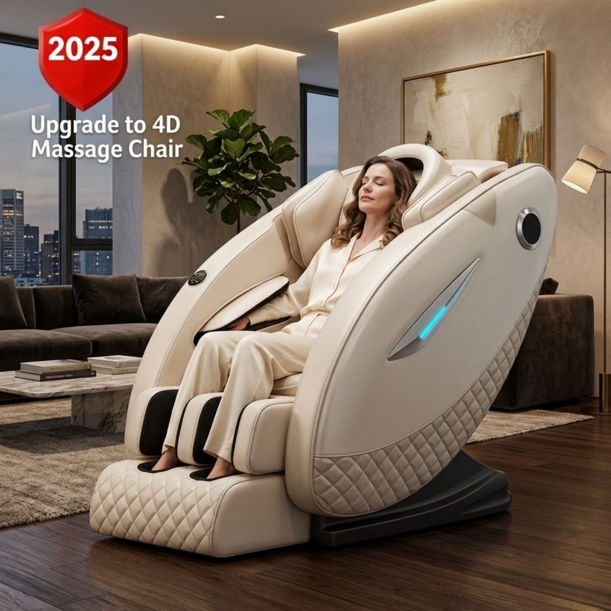 Woman relaxing in a beige Kouvr 4D zero gravity luxury massage chair featuring diamond-stitched detailing in a modern living room setting.