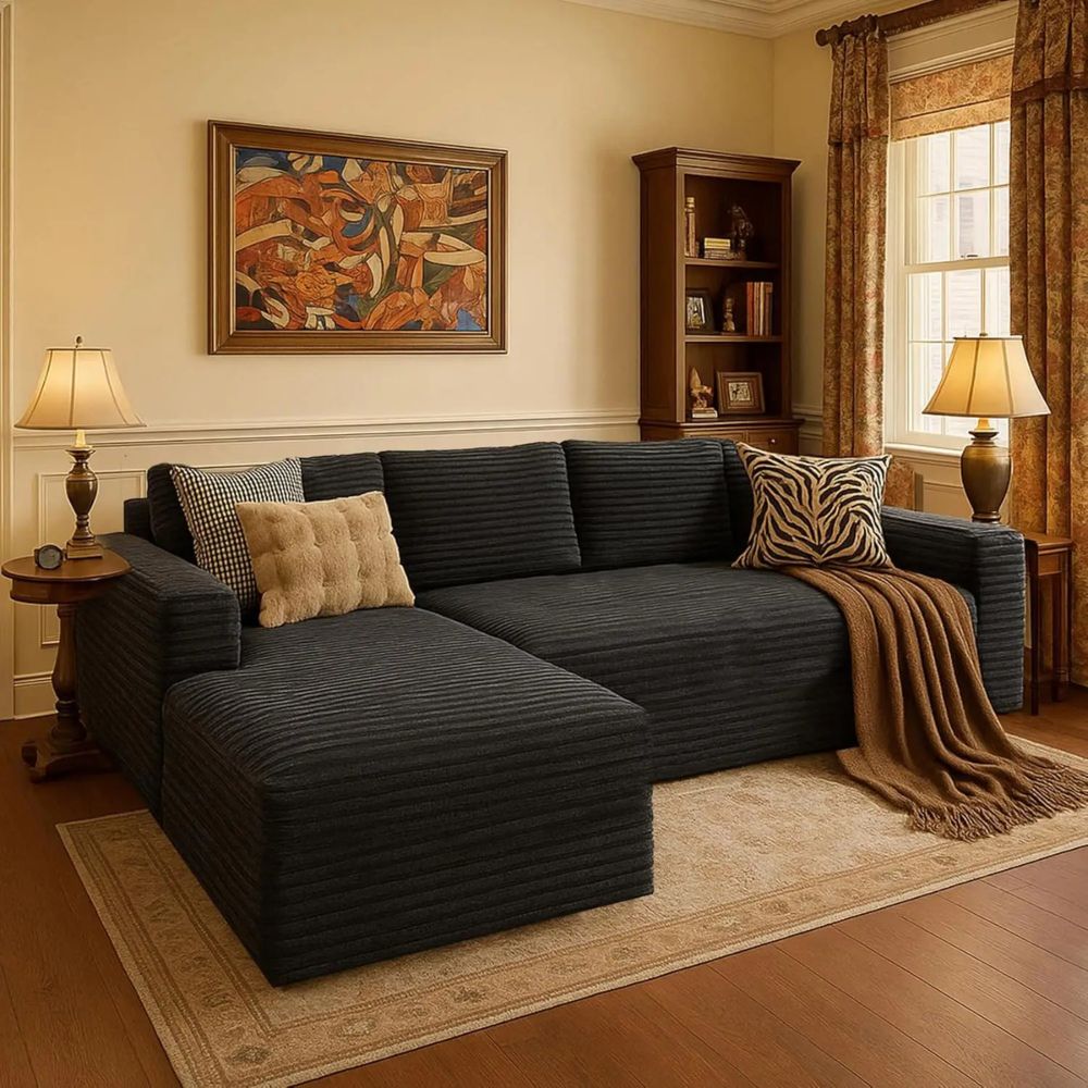 A family relaxing on the black and dark grey Kouvr deep seat corduroy sectional sofa in a brightly lit, modern living room