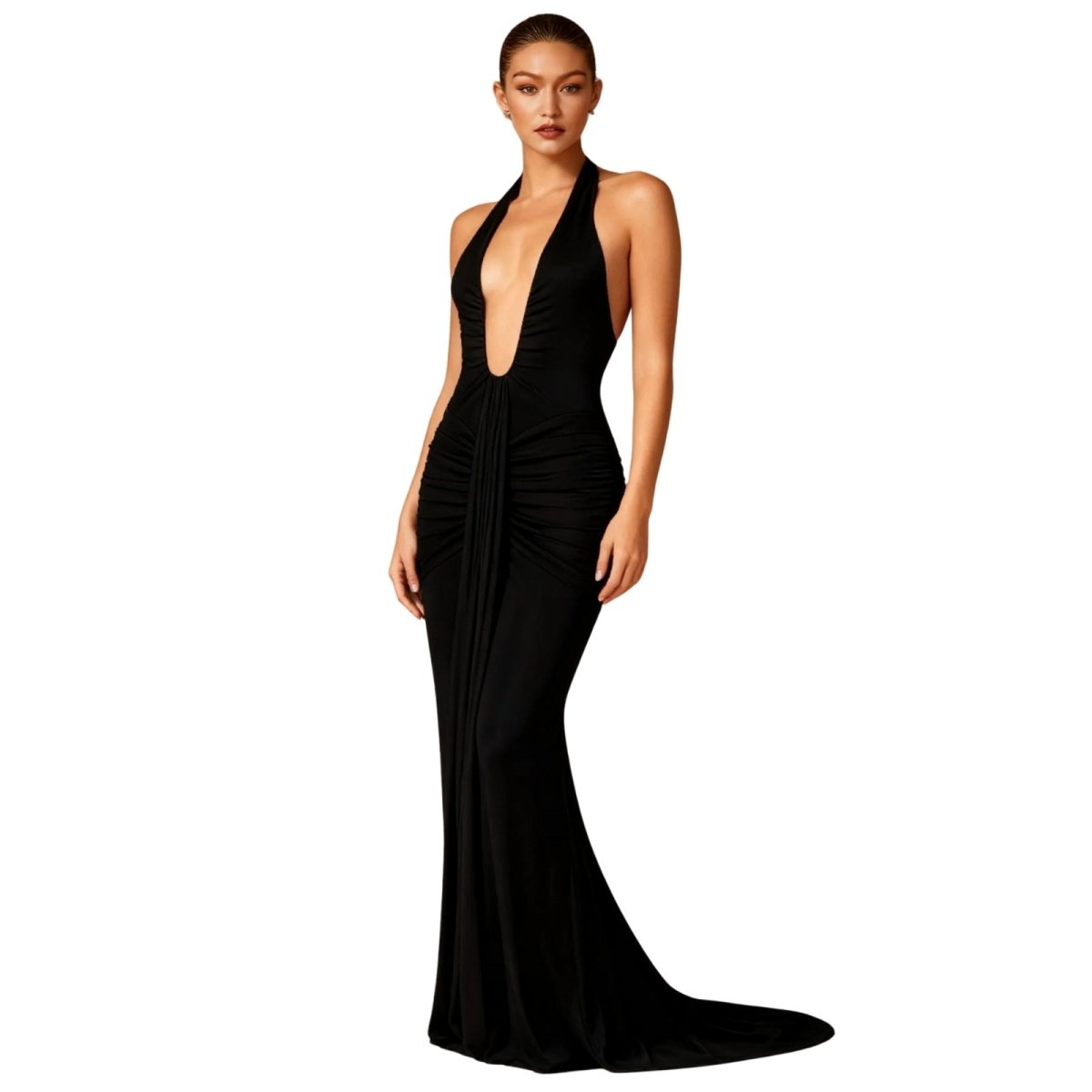 Black Kouvr evening gown with a plunging neckline on a white background